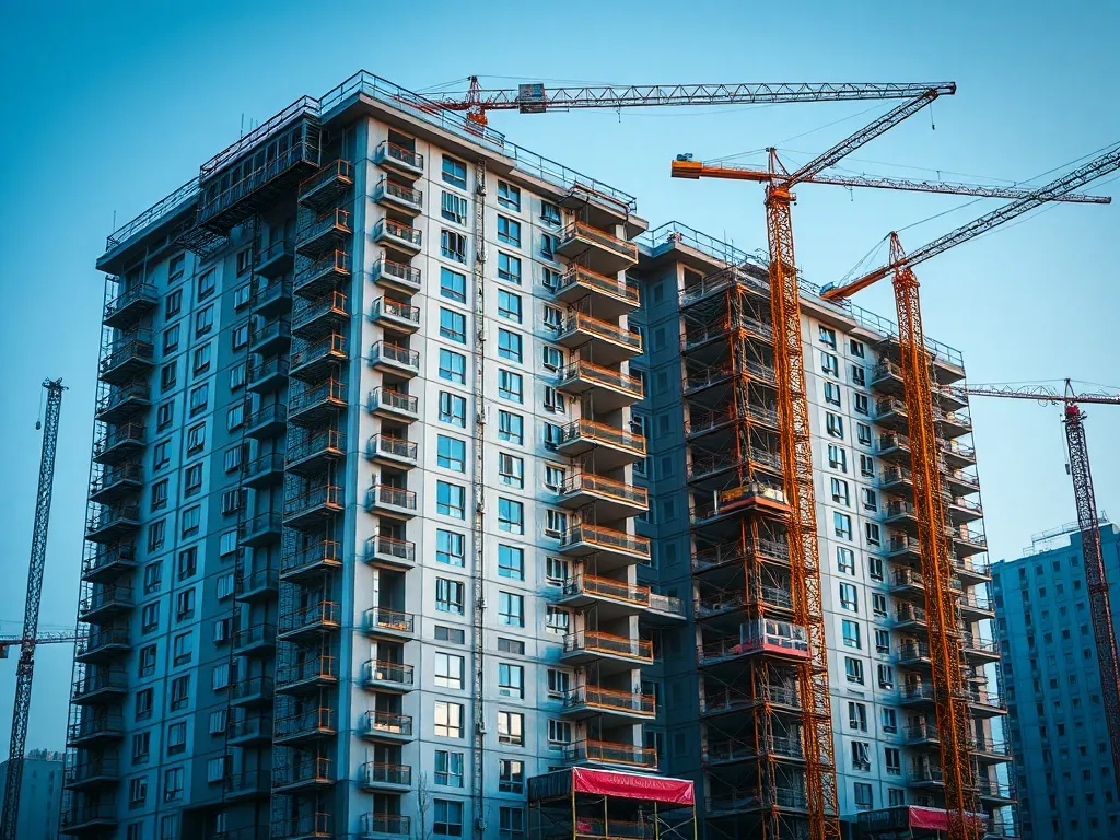 A construction site of a modern apartment building with cran