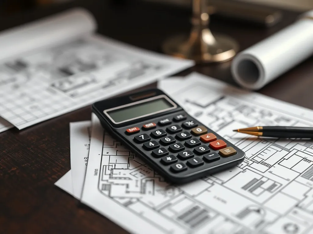 A professional photo of a modern calculator and architectura