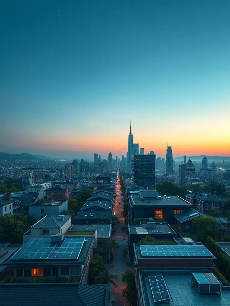 A cinematic, wide-angle view of a modern sustainable city sk